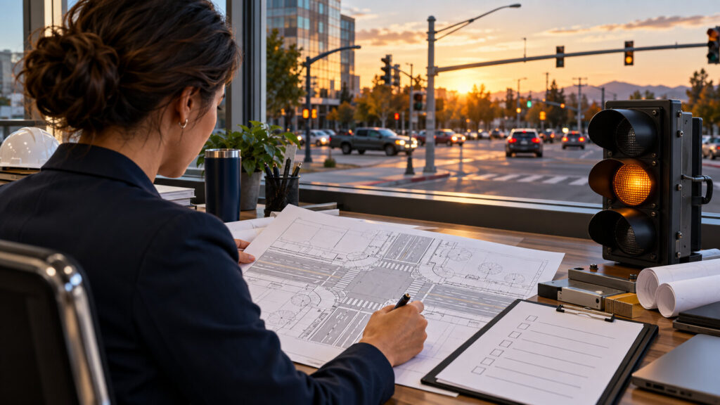 Transportation procurement specialist reviewing signalized intersection plans and a checklist