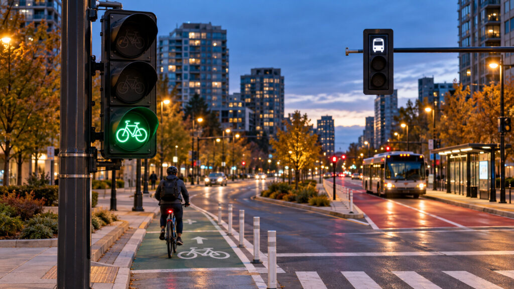 Illustrative urban intersection with a green bicycle signal and a separate bus signal