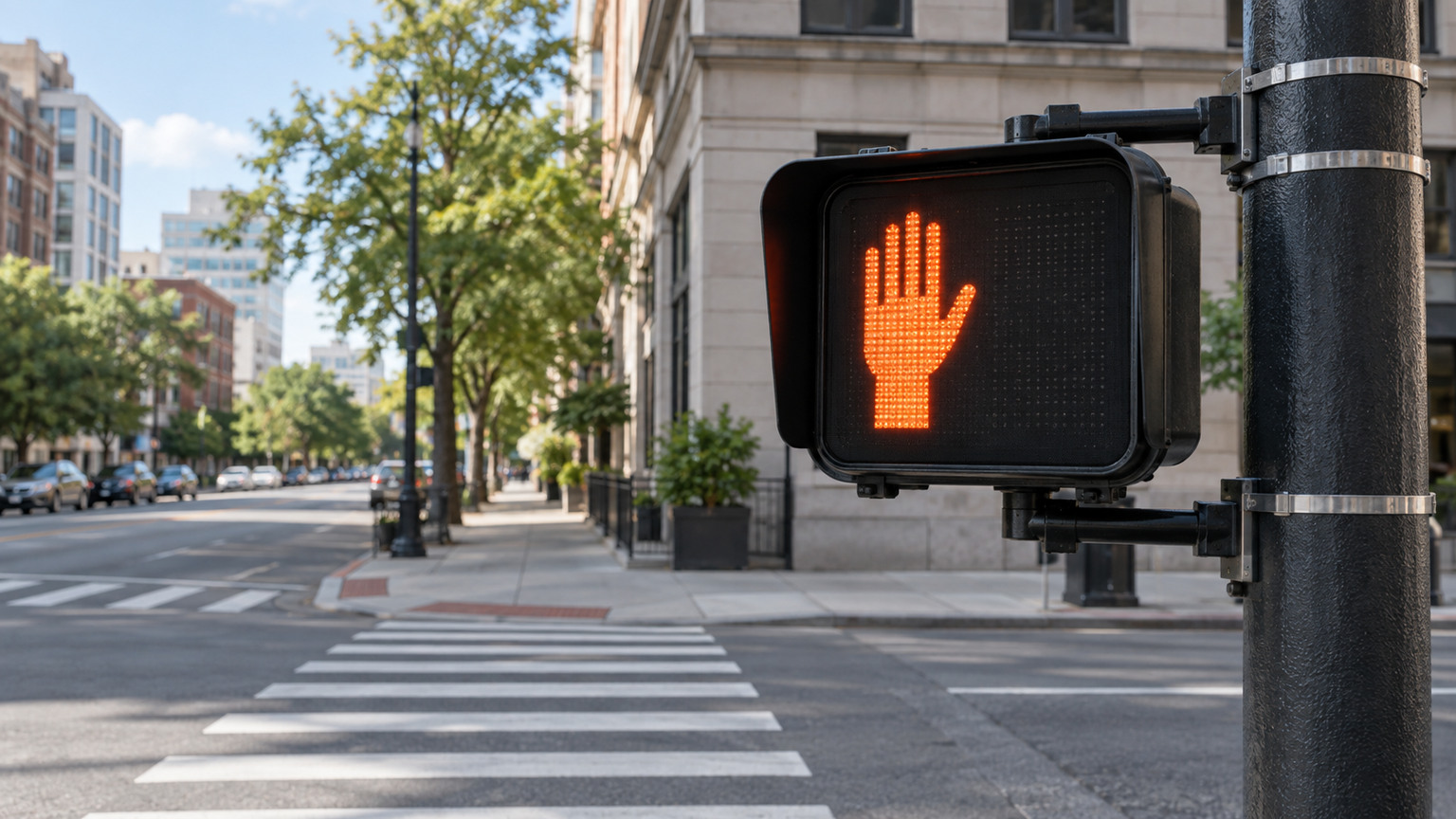 Near-square pedestrian signal head at a city crossing, showing the orange upraised hand and black housing depth.