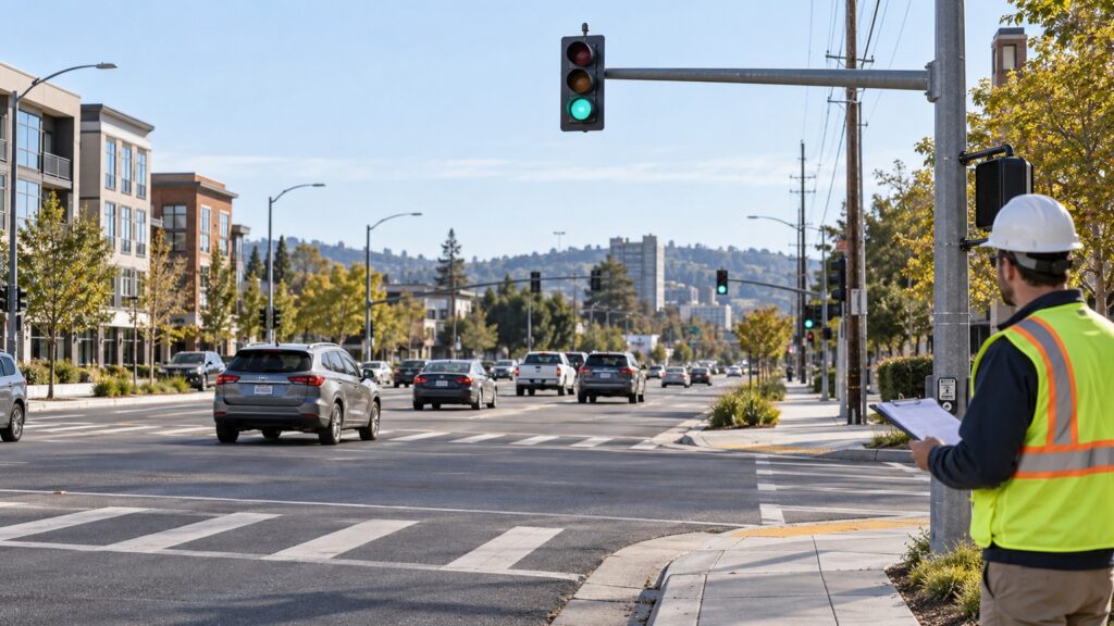Transportation engineer reviews a signalized intersection from the sidewalk, illustrating the field and product checks behind a public traffic-signal purchase.