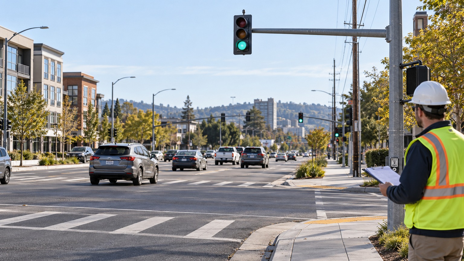 Transportation engineer reviews a signalized intersection from the sidewalk, illustrating the field and product checks behind a public traffic-signal purchase.