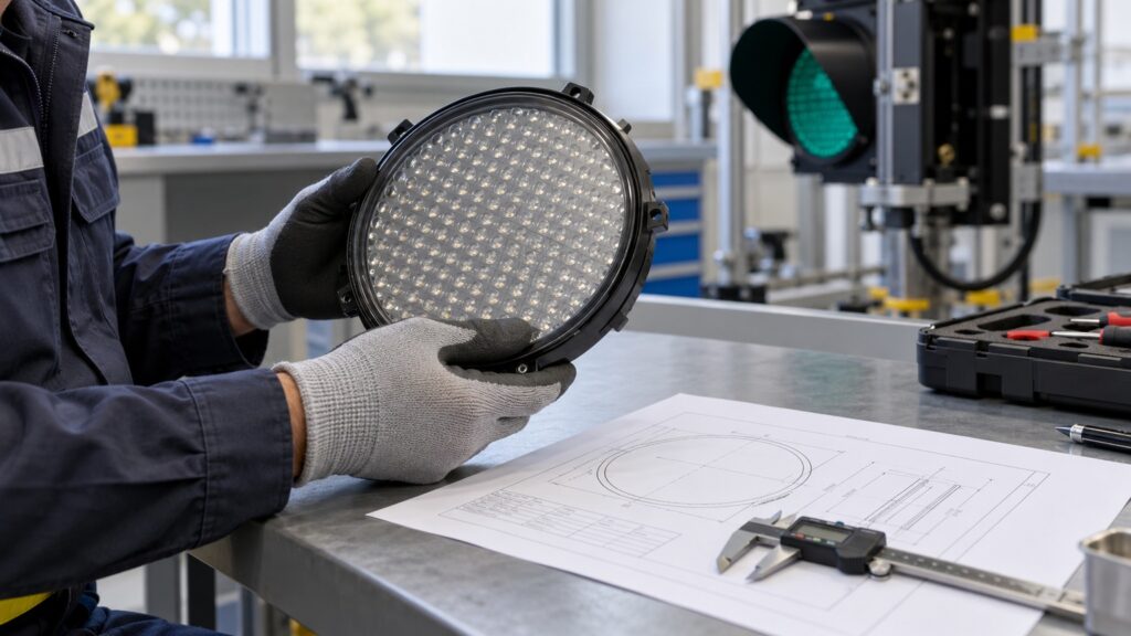 An engineer compares a circular LED signal module with a technical drawing in a workshop, illustrating model-specific replacement review.