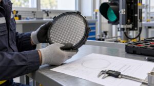 An engineer compares a circular LED signal module with a technical drawing in a workshop, illustrating model-specific replacement review.