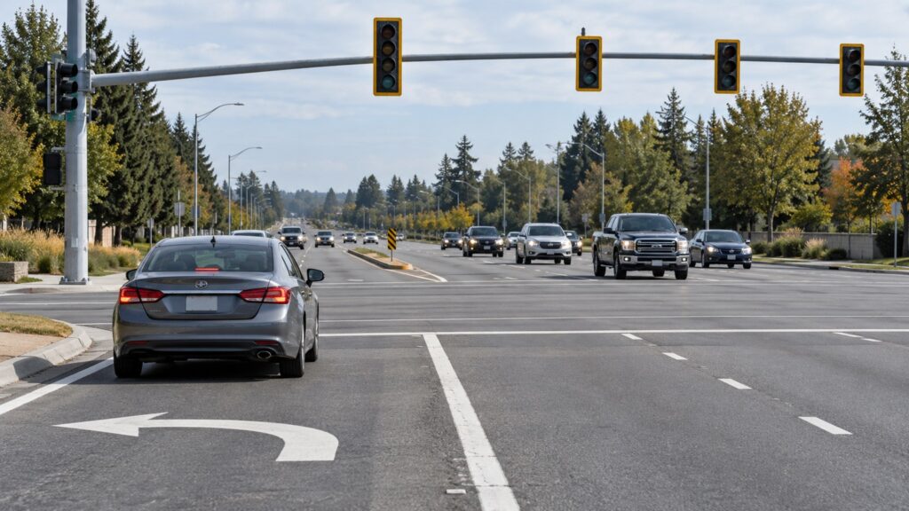 A vehicle waits in a dedicated left-turn lane at a signalized intersection, illustrating the operating context for arrow selection.