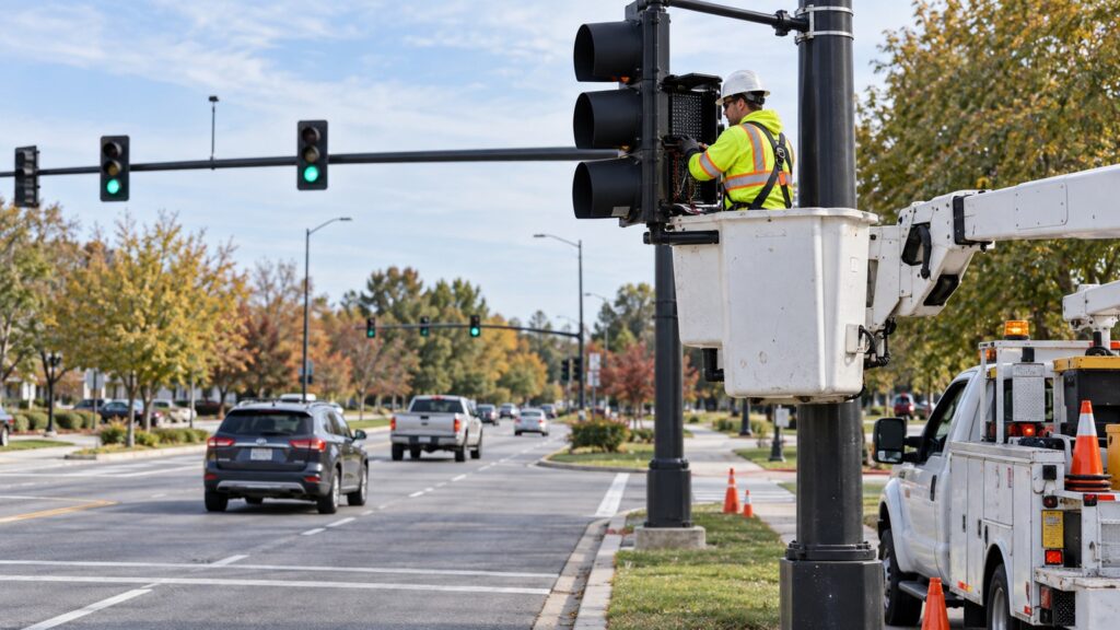A signal technician services a traffic-signal assembly from a bucket truck at an urban intersection, illustrating field maintenance work.