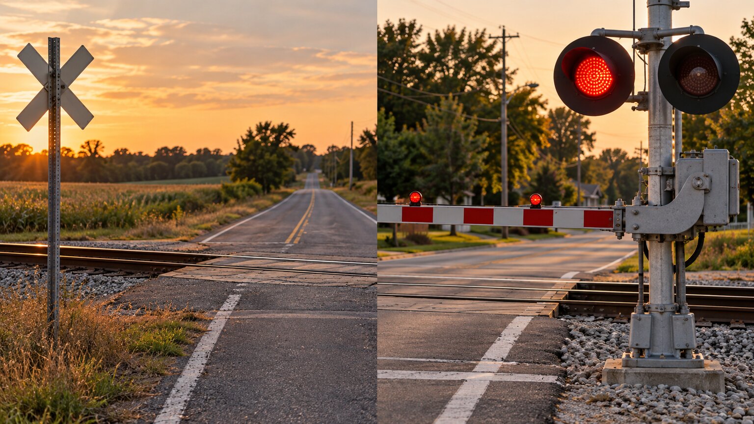 Comparison of a passive railroad grade crossing crossbuck and an active crossing with a red flashing warning light and lowered gate.