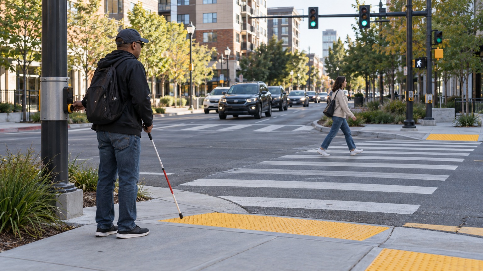 A cane user waits at an accessible signalized crosswalk as another pedestrian crosses, illustrating the distinct information needs of a coordinated crossing.