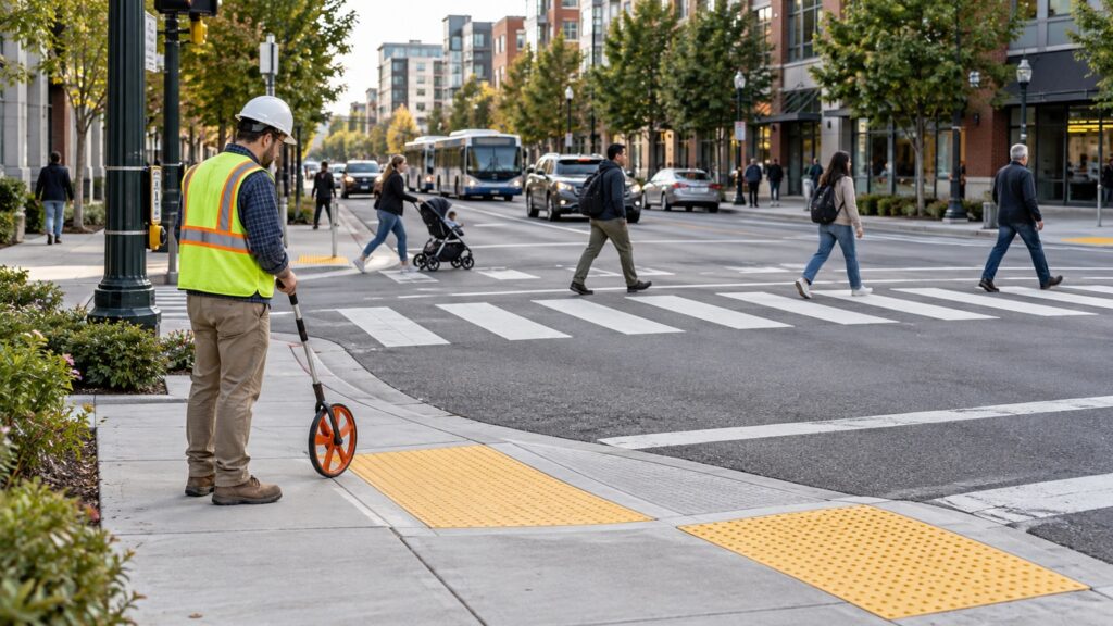 Transportation engineer measures an accessible pedestrian crossing beside curb ramps and tactile paving to assess signal-format needs.