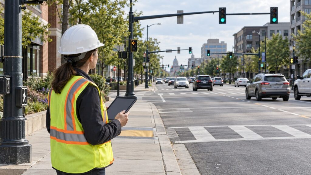 Transportation engineer reviews a tablet beside an urban corridor, looking toward multiple signalized intersections as part of a phased upgrade plan.