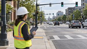 Transportation engineer reviews a tablet beside an urban corridor, looking toward multiple signalized intersections as part of a phased upgrade plan.