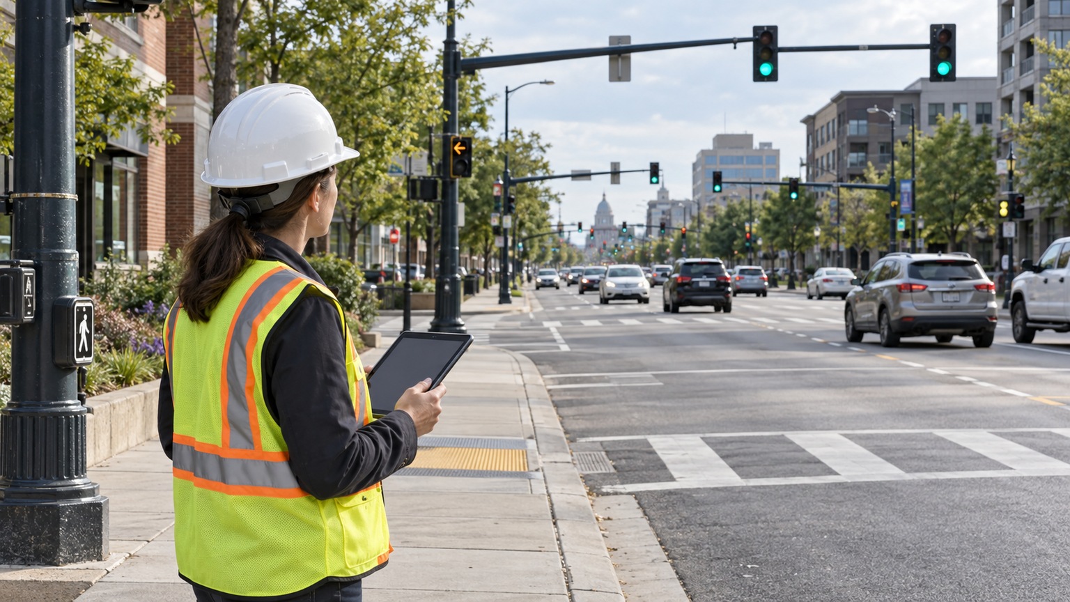 Transportation engineer reviews a tablet beside an urban corridor, looking toward multiple signalized intersections as part of a phased upgrade plan.