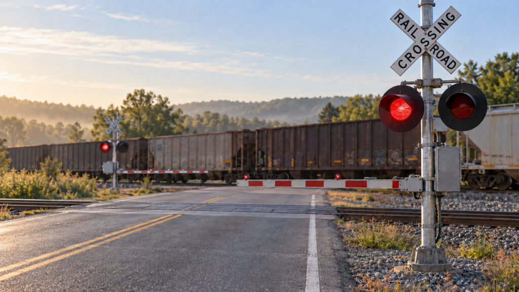 Railroad grade crossing with red flashing warning lights facing approaching traffic, a lowered gate, and a passing train.