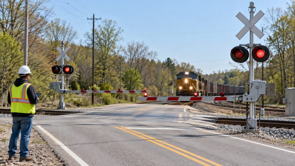 A train approaches a railroad grade crossing with lowered gates and flashing warning lights while a technician observes from the roadside.