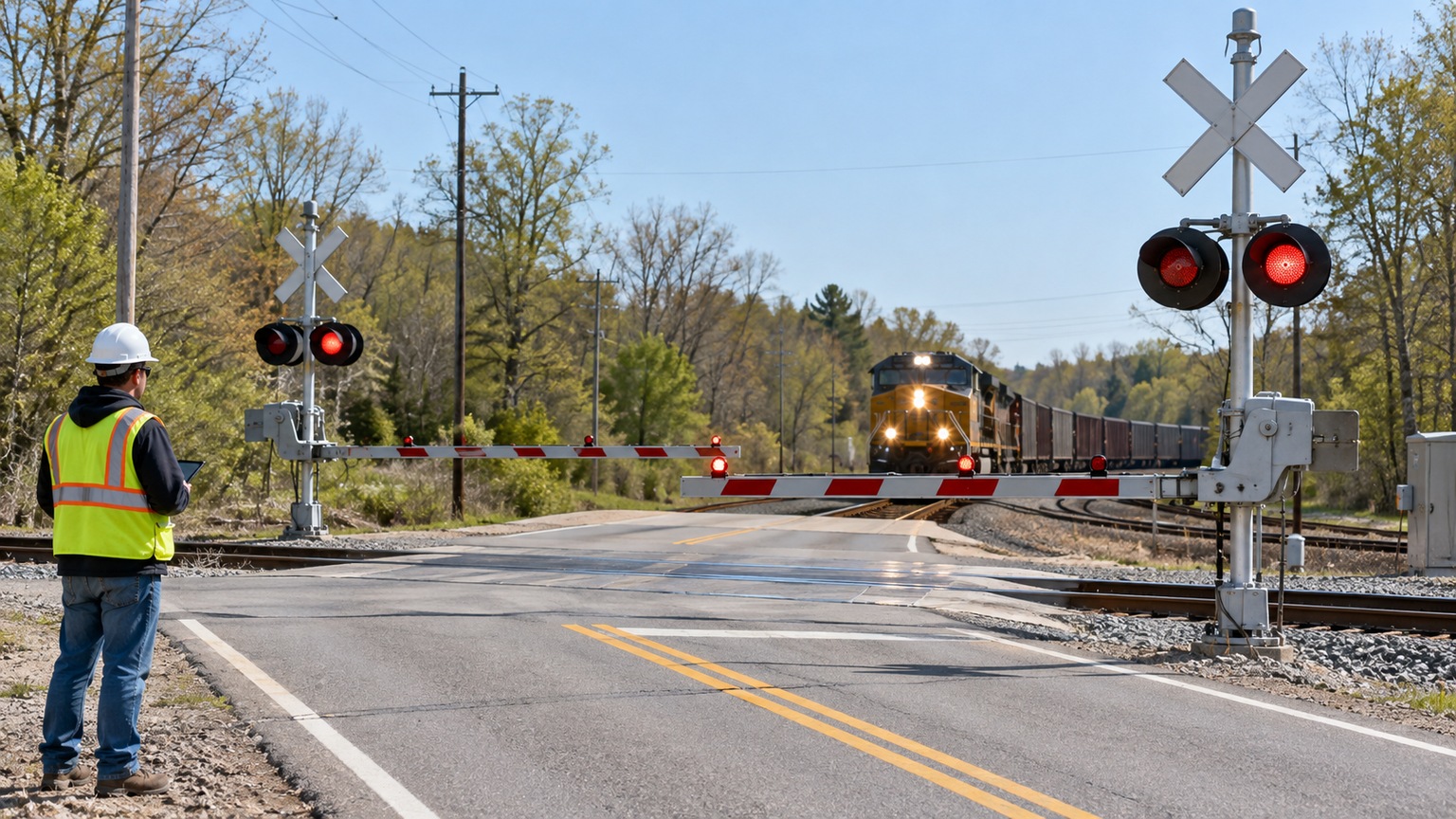 A train approaches a railroad grade crossing with lowered gates and flashing warning lights while a technician observes from the roadside.