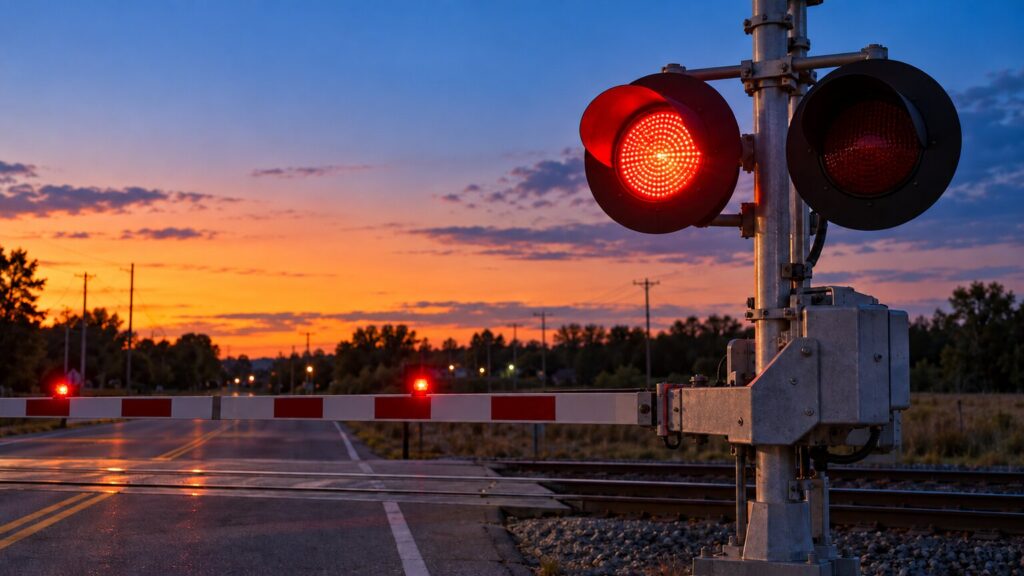 Illustrative rail crossing mast with one red warning lamp lit, a second lamp unlit, and a lowered gate at dusk.