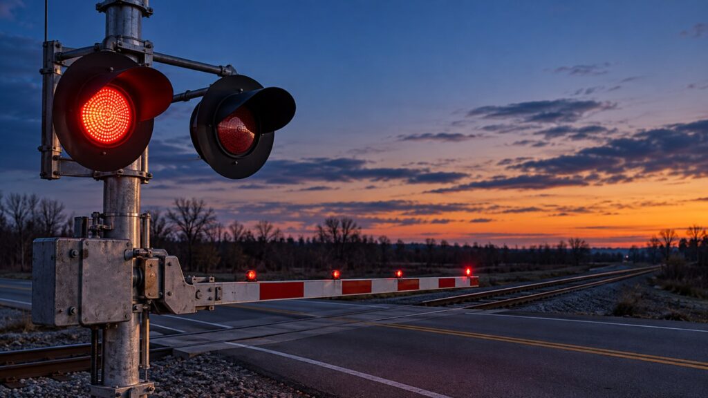 Illustrative railroad grade crossing at dusk with one of two alternating red warning lights lit and the gate lowered.