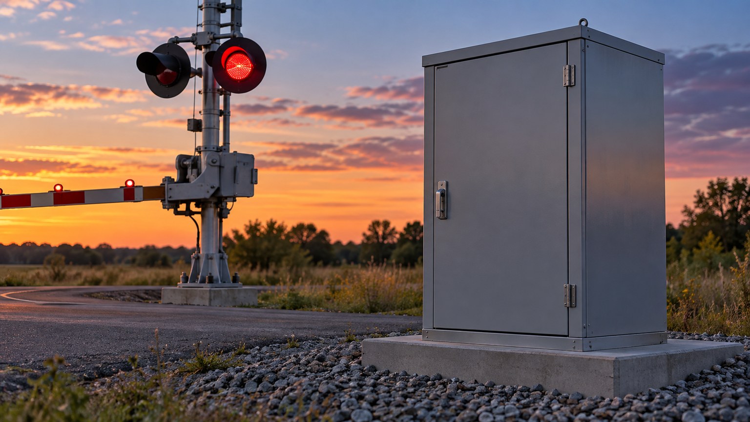 Illustrative closed railroad crossing signal cabinet beside a mast with one red warning lamp lit at dusk.