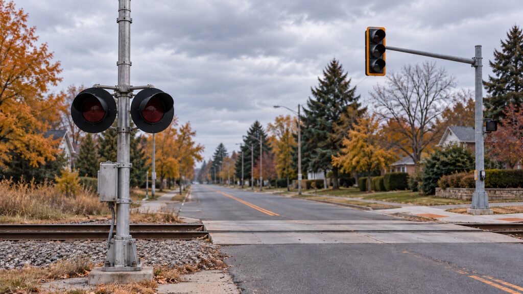 Illustrative pair of unlit railroad crossing warning lamps near an unlit roadway traffic signal.