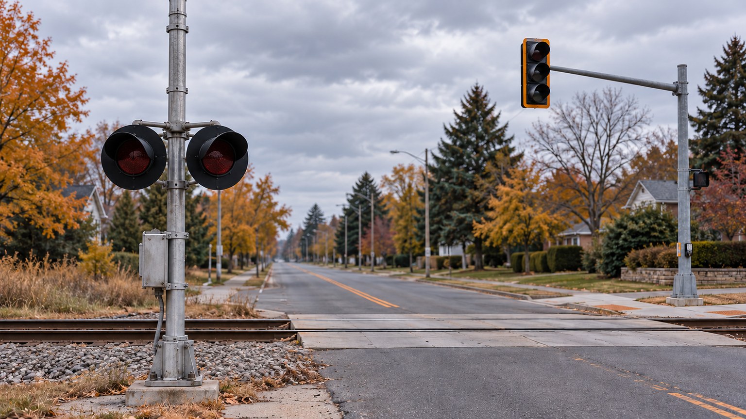 Illustrative pair of unlit railroad crossing warning lamps near an unlit roadway traffic signal.