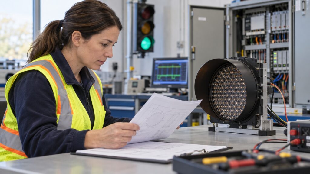 Transportation engineer reviews a circular LED signal module and documentation in a test laboratory; no specific approval status is represented.