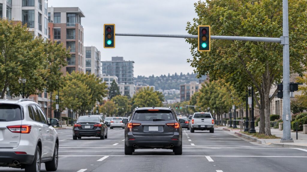 Driver approach view of a signalized urban roadway, with traffic signal heads visible against trees and buildings.