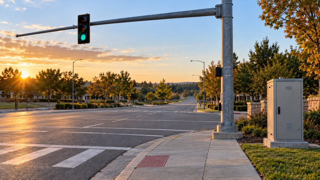 Illustrative signalized intersection with a green traffic indication and a closed roadside control cabinet at sunset.