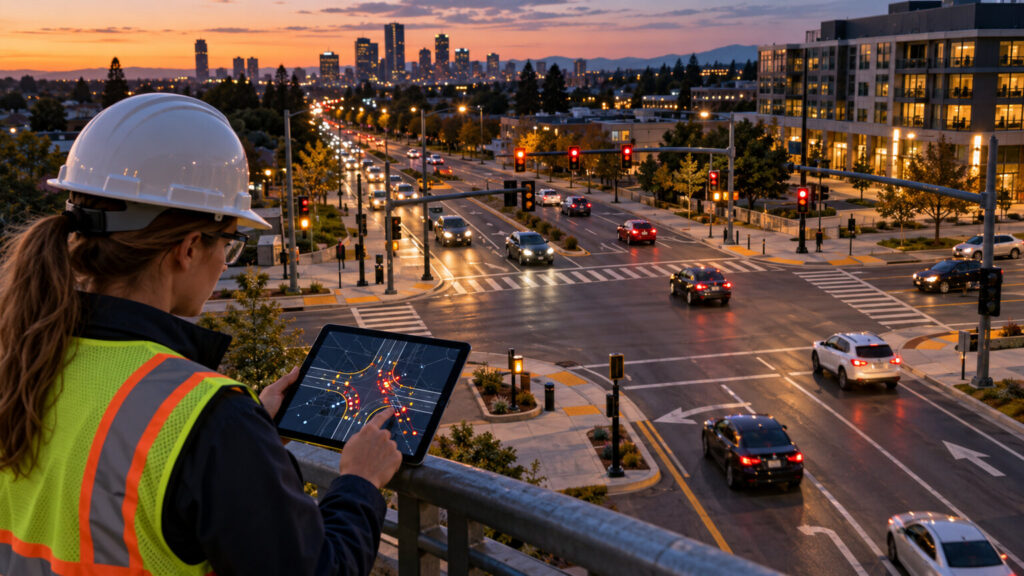 Traffic engineer reviewing a crash pattern map while overlooking a signalized urban intersection at dusk