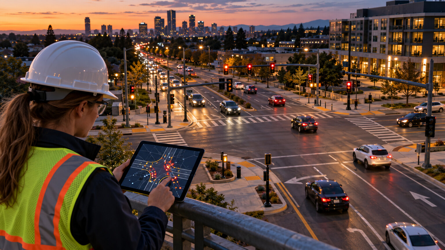 Traffic engineer reviewing a crash pattern map while overlooking a signalized urban intersection at dusk