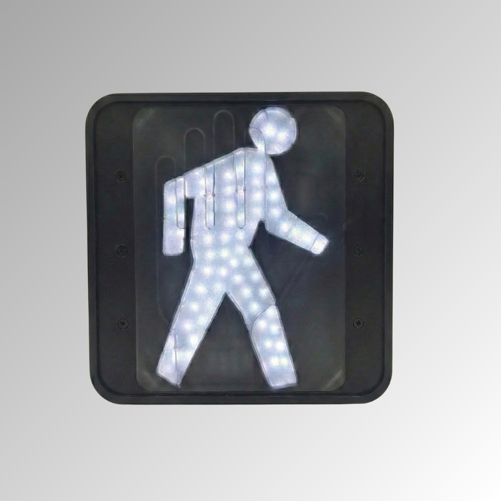 LEOTEK HM Series 12 × 12-inch square LED pedestrian overlay signal module showing the white walking person