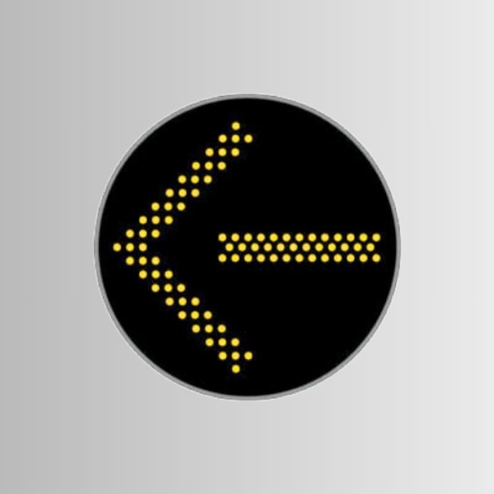 LEOTEK LD Series 12-inch bi-modal LED arrow signal module showing a yellow left arrow