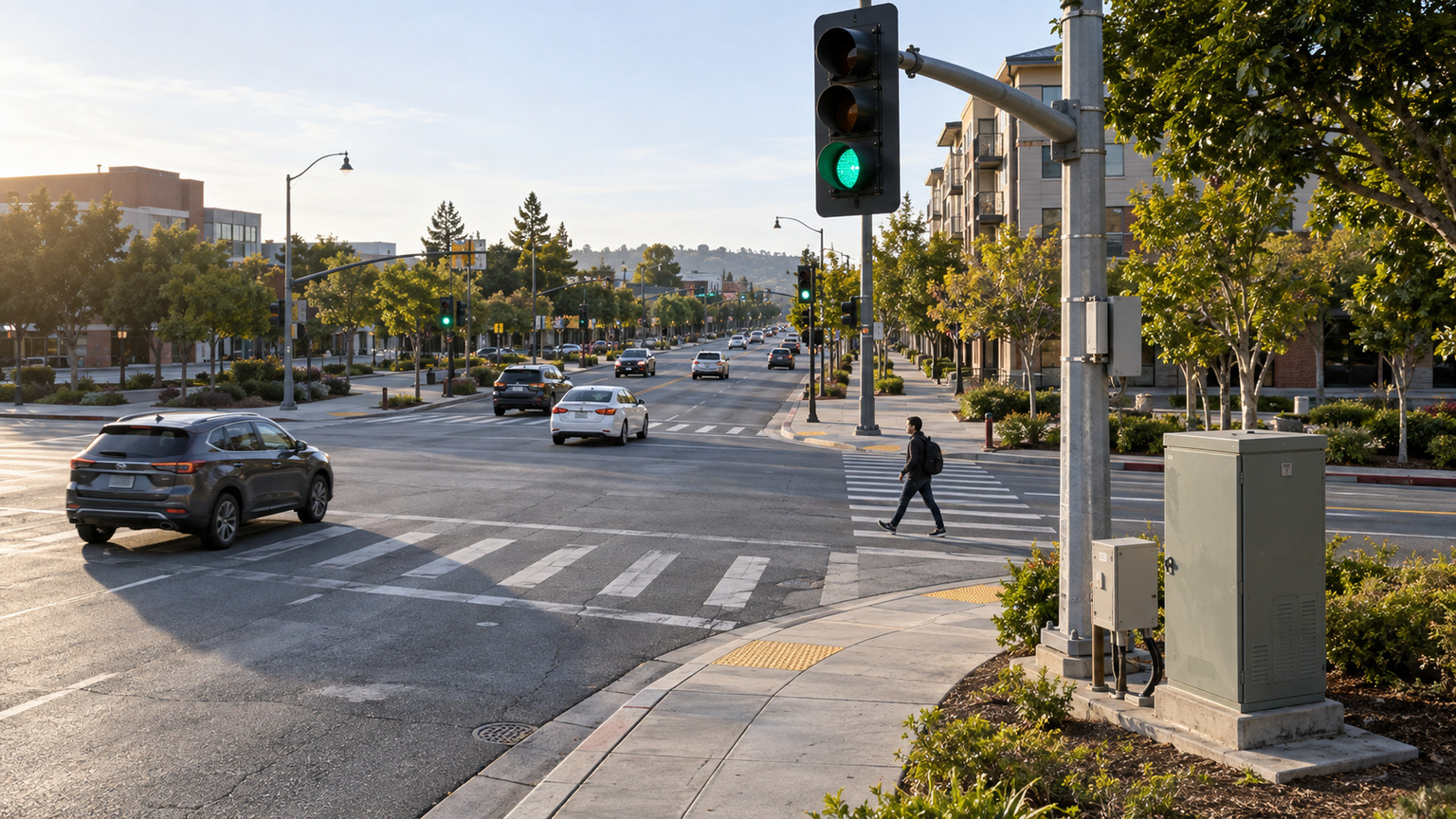 North American signalized intersection with a green indication, controller cabinet, vehicles, and pedestrian, illustrating ongoing smart signal operations.