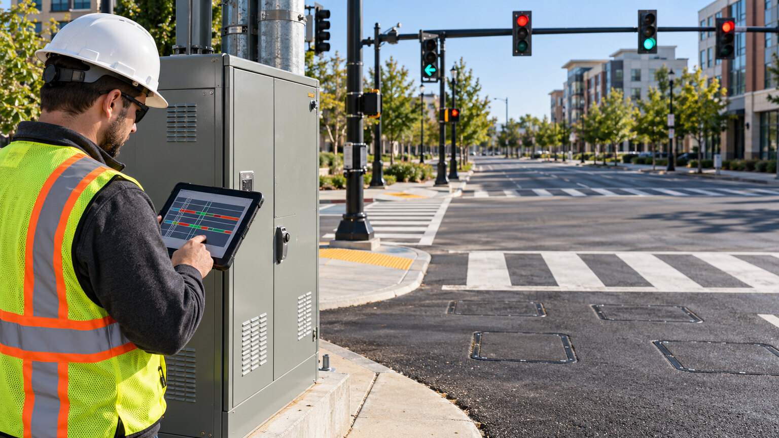 Signal engineer reviewing timing data beside a closed roadside controller cabinet at a signalized intersection