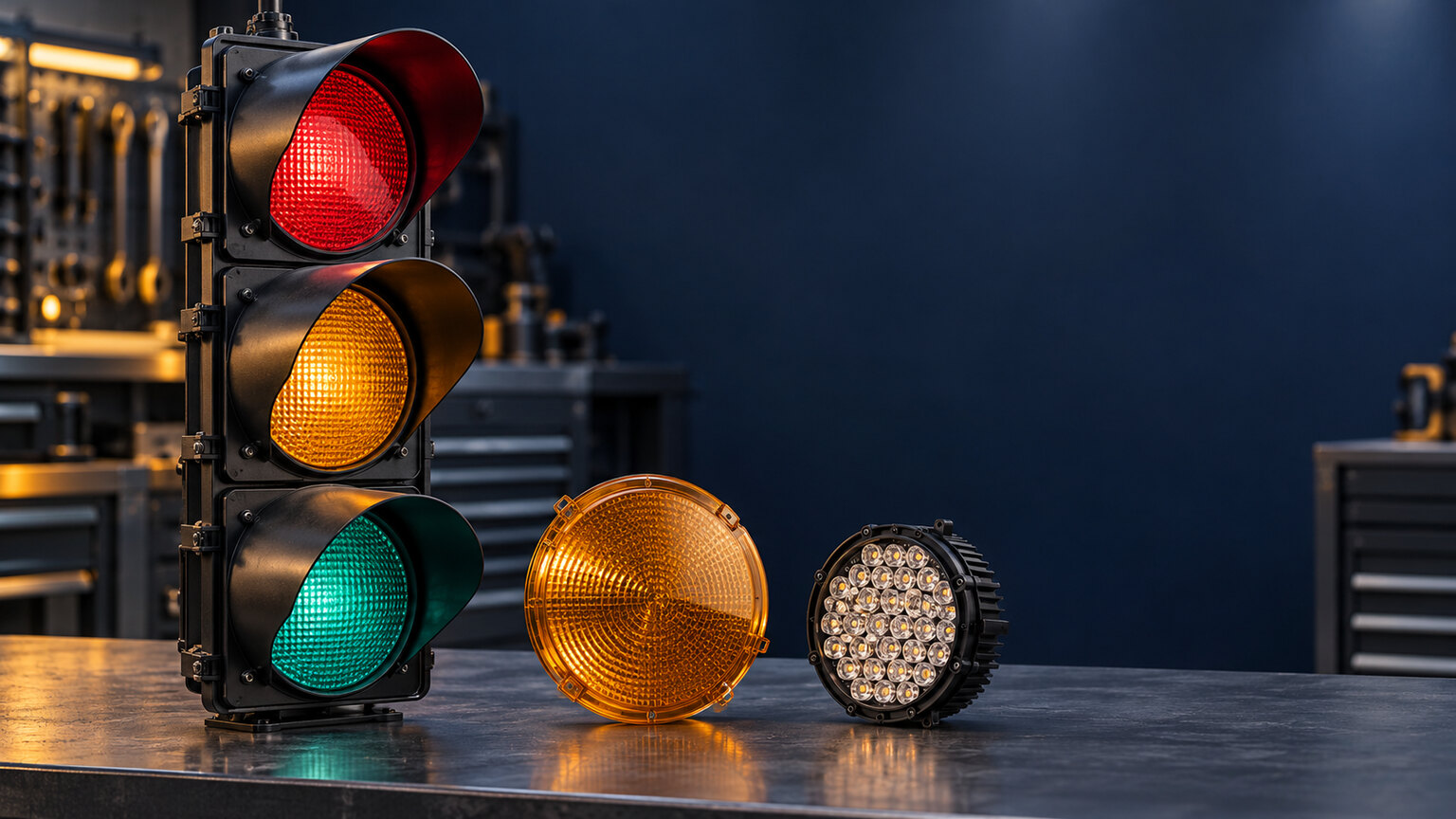 Complete traffic signal head beside a separate amber lens and LED module on an inspection workbench
